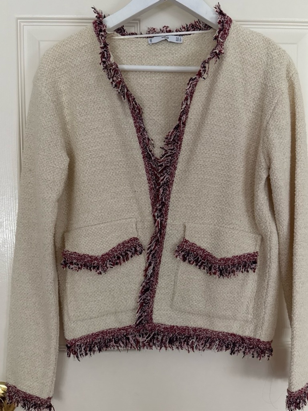 MANGO Cream Open Cardigan with Marled Burgundy fringes, Size EU S, US XS